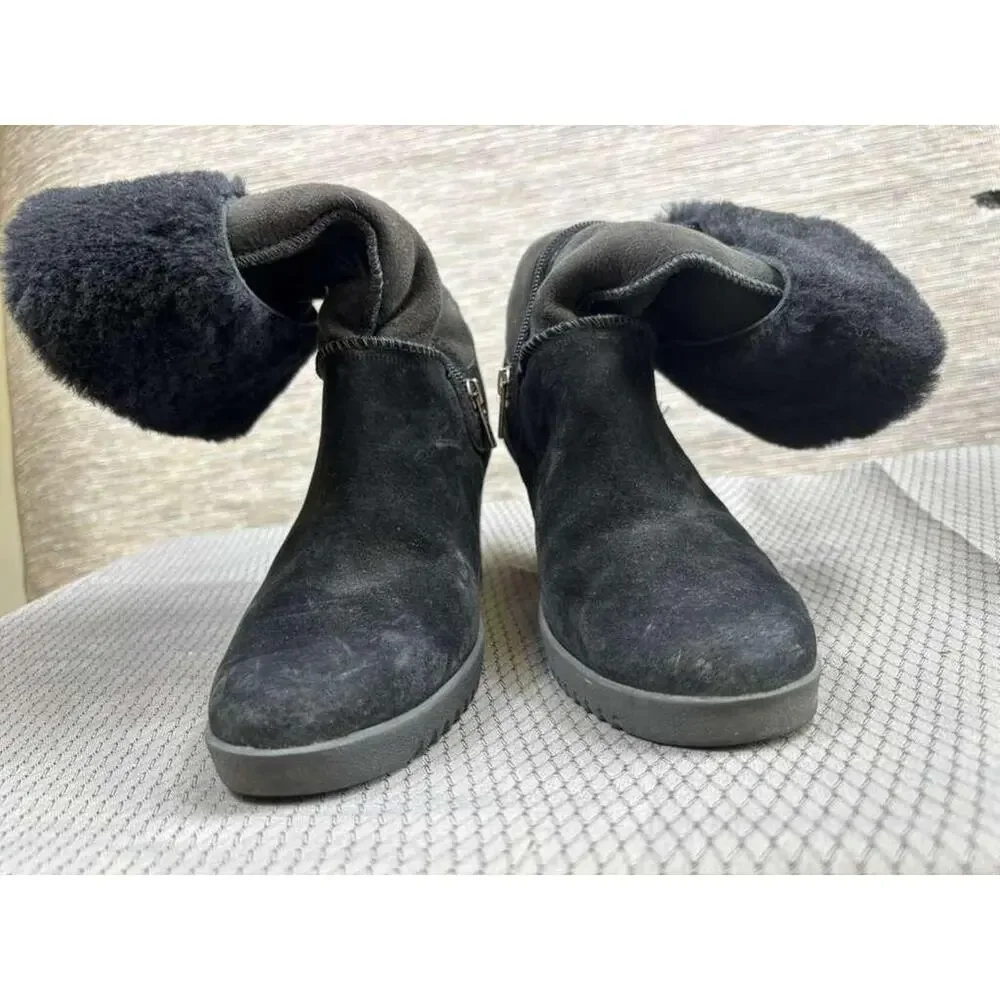 UGG Boots Womens Size 7 Black Suede Shearling Wedge Mid Calf Winter Zip 1941
